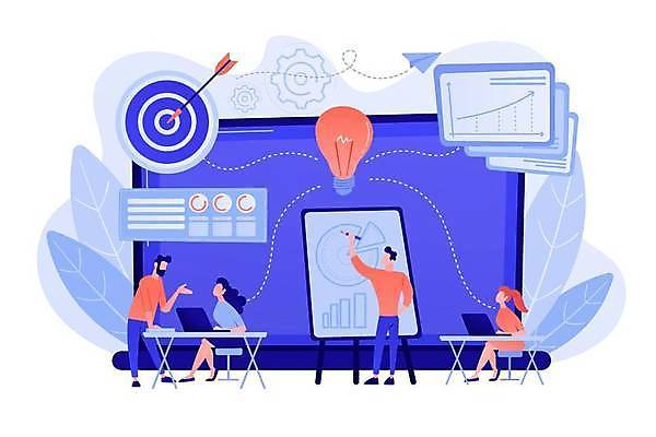 EPS 해외이미지 전신 여자 교육 남자 일러스트 비즈니스 설명 앉기 여러명 성인 파란색 노트북 토론 성인만 코랄 해외일러스트 컬러 다수 모션 사람 전자제품 파일형식 벡터 이미지허브