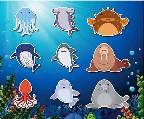 EPS 해외이미지 동물 바다 동물캐릭터 스티커 여러마리 일러스트 사람없음 세트 바닷속 복어 바다표범 고래 문어 상어 해파리 귀상어 바다코끼리 듀공 해외일러스트 일러캐릭터 캐릭터 다수 포유류 연체동물 어류 수중 바다동물 수중동물 자포동물 파일형식 벡터 이미지허브