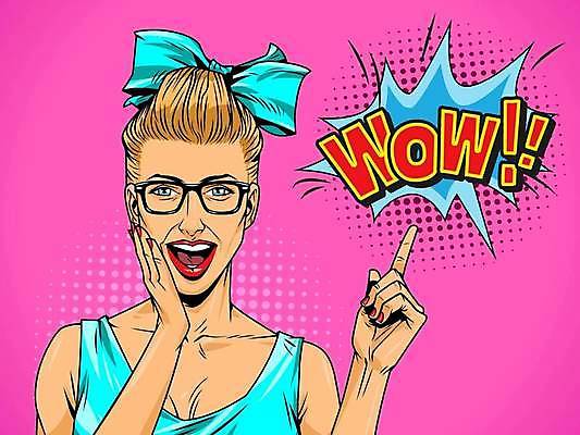 EPS 해외이미지 여자 안경 분홍색 일러스트 한명 상반신 성인 손들기 가리킴 입 호기심 팝아트 코믹 카툰스타일 팝 성인여자한명만 안경낌 와우 해외일러스트 1 잡화 감정 컬러 컨셉 모션 사람 손짓 신체부위 그림 여자한명만 성인여자만 파일형식 벡터 이미지허브