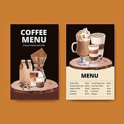 EPS 해외이미지 일러스트 사람없음 갈색 검은색 원두 메뉴 메뉴판 카푸치노 아이스커피 나무받침 라떼 핸드드립 원두봉투 해외일러스트 커피 컬러 봉투 목재 받침대 커피용품 파일형식 벡터 이미지허브