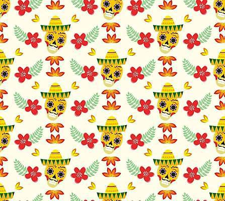 EPS 해외이미지 전통 꽃 나비 백그라운드 잎 패턴 일러스트 가면 사람없음 노란색 솜브레로 멕시코모자 해외일러스트 식물 모자_잡화 컬러 곤충 무늬 전통의상 파일형식 벡터 이미지허브