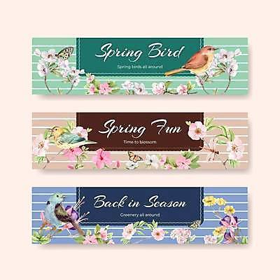 EPS 해외이미지 배너 가로배너 꽃 나비 여러마리 일러스트 조류 사람없음 파란색 봄 민트색 베이지색 배너세트 해외일러스트 식물 동물 계절 컬러 다수 곤충 가로 세트 파일형식 벡터 이미지허브
