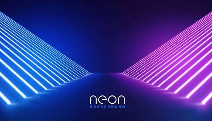 EPS 해외이미지 디자인 배너 선 벽 분홍색 백그라운드 일러스트 벽지 추상 미래 바닥 경사 파란색 빛 3D 어둠 활발 방 무대 클럽 네온 쇼 주도 효과 해외일러스트 컬러 컨셉 무늬 예절 디지털합성 파일형식 벡터 이미지허브