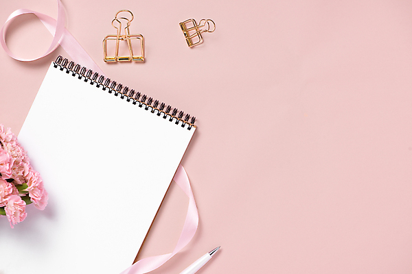 포토 JPG 해외이미지 꽃 리본 실내 사람없음 하이앵글 펜 스프링노트 서류집게 플래너 카피스페이스 분홍색배경 해외포토 식물 뷰포인트 분홍색 백그라운드 집게 내부 필기구 공책 공백 파일형식 이미지허브