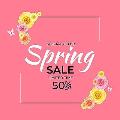 EPS 해외이미지 배너 꽃 분홍색 나비 일러스트 이벤트 사람없음 세일 봄 50% 봄맞이 봄쇼핑 해외일러스트 식물 계절 컬러 곤충 쇼핑 퍼센트 파일형식 벡터 이미지허브