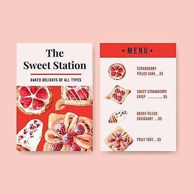 EPS 해외이미지 일러스트 딸기 디저트 사람없음 빨간색 달콤 크루아상 메뉴 메뉴판 딸기케이크 딸기타르트 해외일러스트 음식 빵 컬러 과일 케이크 맛 타르트 파일형식 벡터 이미지허브