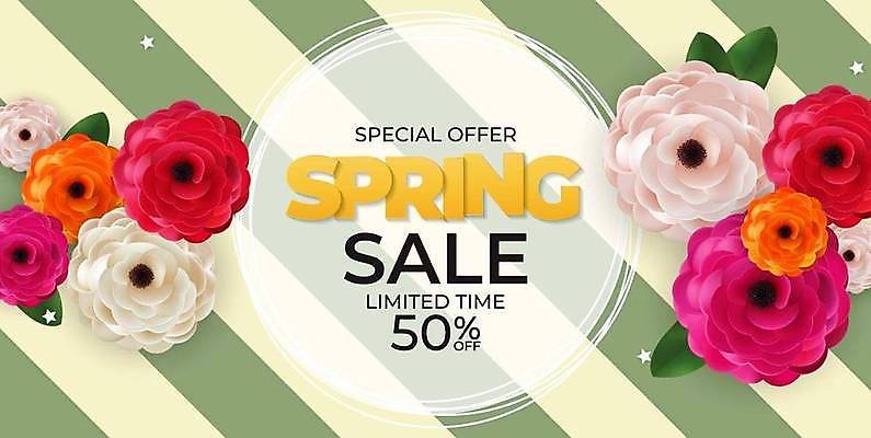 EPS 해외이미지 배너 꽃 일러스트 이벤트 사람없음 세일 봄 줄무늬 대각선 50% 봄맞이 봄쇼핑 해외일러스트 식물 계절 선 무늬 쇼핑 퍼센트 파일형식 벡터 이미지허브