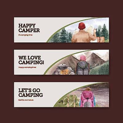 EPS 해외이미지 나무 배너 가로배너 지도 일러스트 배낭 산 들기 상반신 성인 세명 갈색 캠핑 성인만 배너세트 해외일러스트 식물 컬러 가방 모션 레저 사람 가로 세트 파일형식 벡터 이미지허브