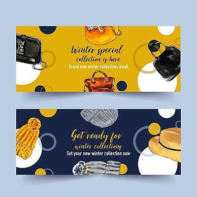 EPS 해외이미지 배너 패션 가로배너 일러스트 털모자 사람없음 노란색 핸드백 원형 남색 방울모자 배너세트 해외일러스트 도형 모자_잡화 컬러 가방 가로 세트 파일형식 벡터 이미지허브