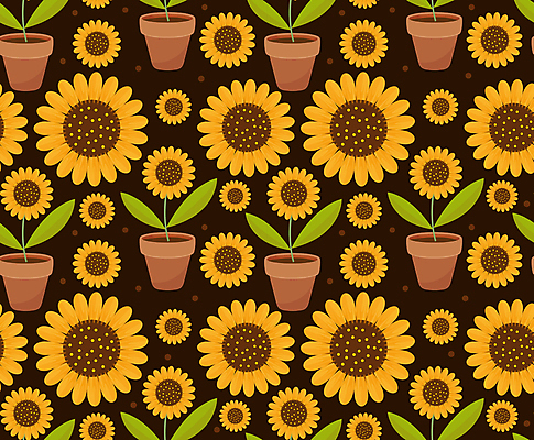 JPG 해외이미지 화분 백그라운드 패턴 일러스트 해바라기 사람없음 갈색 노란색 보테니컬아트 해외일러스트 꽃 컬러 무늬 파일형식 이미지허브