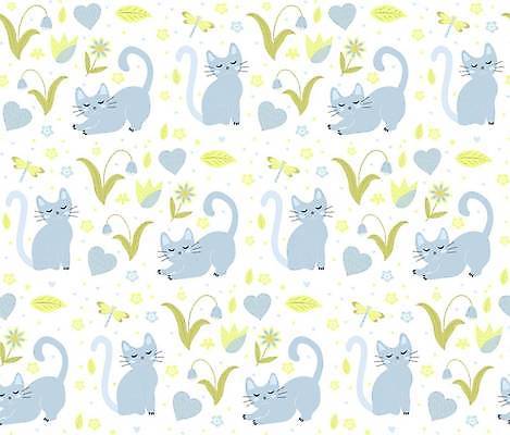 EPS 해외이미지 꽃 하늘색 백그라운드 잎 패턴 일러스트 사람없음 노란색 눈감음 고양이 하트 점 잠자리 기지개 파스텔톤 해외일러스트 모양 식물 컬러 곤충 무늬 포유류 모션 파란색 반려동물 파일형식 벡터 이미지허브