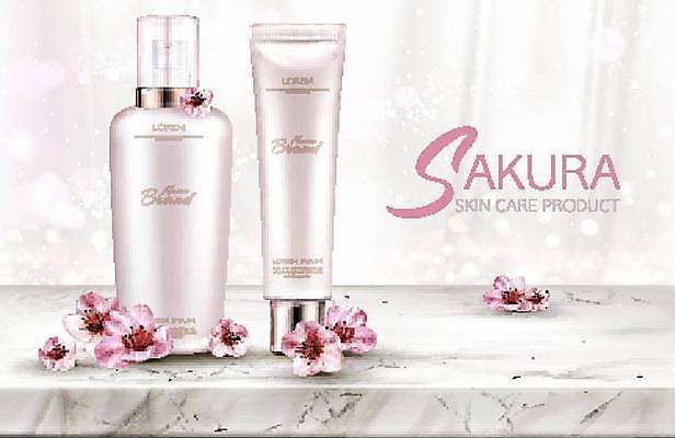 EPS 해외이미지 분홍색 일러스트 사람없음 뷰티 화장품 벚꽃 흰색 커튼 선크림 로션 스킨케어 바디로션 바디케어 스킨로션 핸드크림 해외일러스트 꽃 컬러 파일형식 벡터 이미지허브