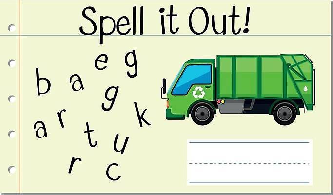 EPS 해외이미지 알파벳 영어 일러스트 영어교육 사람없음 단어 트럭 단어조합 단어맞추기 단어카드 쓰레기차 해외일러스트 문자 교육 자동차 맞추기 조합 파일형식 벡터 단어장 이미지허브