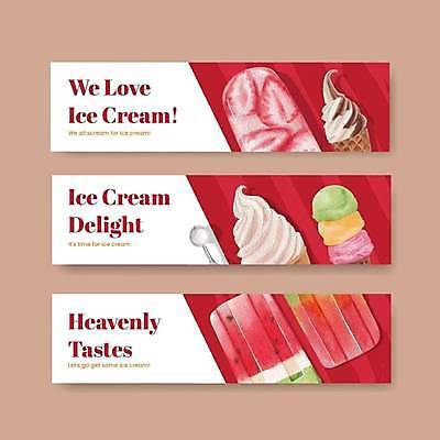 EPS 해외이미지 배너 가로배너 일러스트 사람없음 빨간색 흰색 달콤 콘아이스크림 소프트아이스크림 딸기아이스크림 막대아이스크림 스쿱 배너세트 해외일러스트 컬러 아이스크림 가로 세트 맛 파일형식 벡터 이미지허브