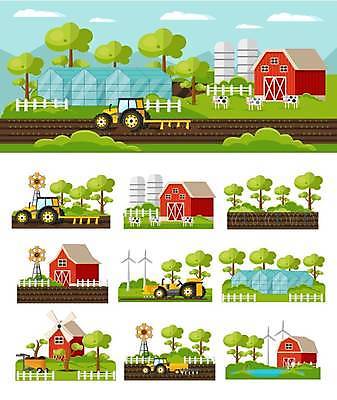 EPS 해외이미지 나무 밭 여러마리 일러스트 하늘 사람없음 울타리 세트 농경지 농사 수레 목장 연못 젖소 트랙터 풍력기 비닐하우스 외양간 보관창고 해외일러스트 식물 다수 농업 담장 농장 카트 소 풍력에너지 농기계 창고 특수차량 파일형식 벡터 이미지허브