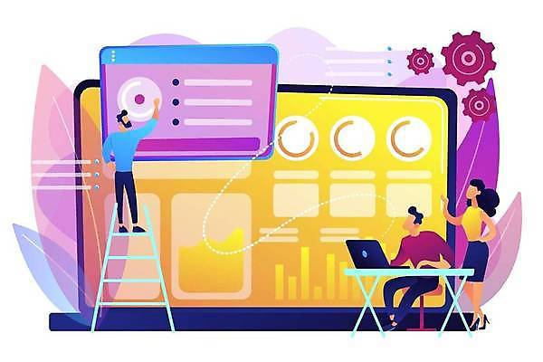 EPS 해외이미지 전신 라이프스타일 여자 남자 일러스트 사다리 그래프 서기 앉기 성인 세명 노트북 디지털 모니터 가리킴 책상 톱니바퀴 온라인 얼굴없음 성인만 대시보드 해외일러스트 가구 모션 사람 손짓 생활 전자제품 컴퓨터 도구 파일형식 벡터 이미지허브