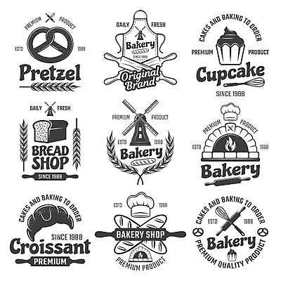 EPS 해외이미지 스티커 일러스트 사람없음 세트 검은색 앞치마 풍차 바게트 컵케이크 크루아상 심볼 식빵 제빵 거품기 벼이삭 반죽밀대 화덕 브레첼 해외일러스트 빵 컬러 주방용품 디저트 제과제빵 케이크 이삭 밀대 화로 파일형식 벡터 이미지허브