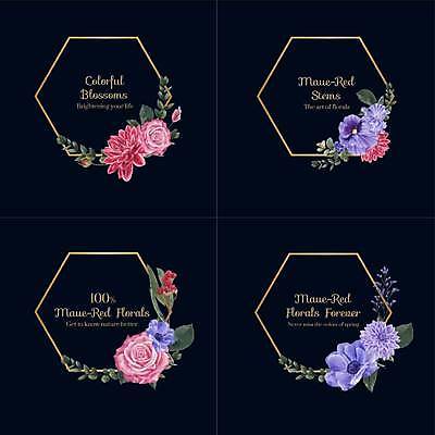 EPS 해외이미지 꽃 스티커 잎 일러스트 사람없음 세트 분위기 심볼 육각형 해외일러스트 도형 식물 컨셉 파일형식 벡터 이미지허브