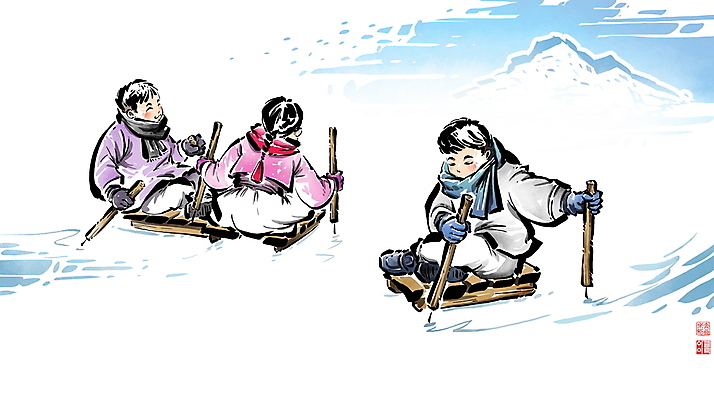 전신 PSD 한국문화 한국전통 여자 남자 어린이 겨울 일러스트 캘리그라피 하늘 붓터치 앉기 소녀 소년 세명 전통놀이 목도리 추위 잡기 동양화 즐거움 털장갑 겨울옷 번짐 빙판 낙관 썰매타기 썰매놀이 얼음썰매 어린이만 설산 국내일러스트 동양문화 전통 잡화 옷 계절 감정 장갑 모션 놀이 산 한국 미술 사람 썰매 파일형식 효과