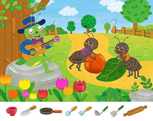 PSD 나무 구름 교육 꽃 포크 연주 일러스트 하늘 동화 나뭇잎 세마리 앉기 사람없음 컵 숟가락 돌_바위 기타 프라이팬 국자 뒤집개 곤충캐릭터 개미 식칼 개미와베짱이 놀기 반죽밀대 베짱이 에듀 에듀케이션 스쿨팩 이솝우화 땀흘리기 숨은그림찾기 국내일러스트 일러캐릭터 자연요소 식물 캐릭터 식기 음악 곤충 컨셉 잎 모션 놀이 주방용품 현악기 수저 3 이야기 밀대 파일형식
