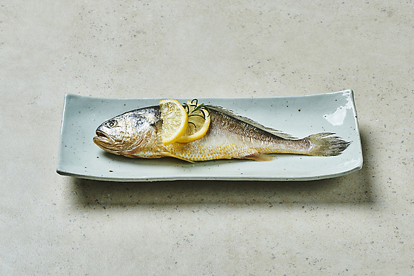 포토 JPG 스튜디오촬영 한마리 접시 식재료 회색배경 실내 사람없음 레몬 슬라이스 로즈메리 굴비 국내포토 1 식기 백그라운드 과일 어류 내부 회색 허브 파일형식