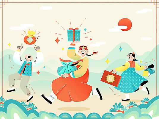 전신 구름 여자 남자 일러스트 새해 산 복주머니 들기 성인 세명 선물상자 쇼핑 설날 달리기 태양 쇼핑백 노란색 점프 가리킴 춤 복 한복 즐거움 보따리 족두리 신년파티 새해선물 성인만 명절선물 설선물 국내일러스트 AI파일 자연요소 한국전통 명절 감정 컬러 가방 모션 문화예술 전통소품 선물 사람 손짓 상자 파티 한자 전통의상 파일형식 벡터