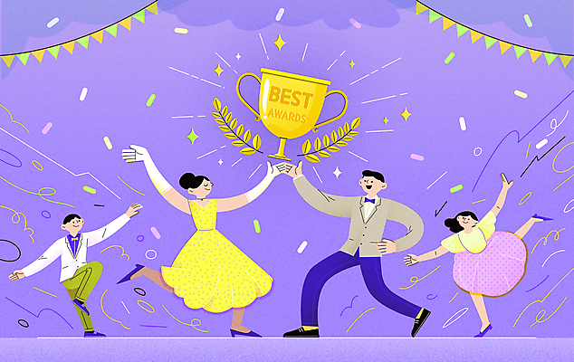 전신 드레스 여자 남자 허리손 일러스트 나비넥타이 새해 정장 여러명 성인 보라색 춤 트로피 발레 즐거움 꽃가루 신년파티 가랜드 시상식 월계수 한발서기 성인만 국내일러스트 AI파일 옷 감정 컬러 포즈 다수 넥타이 문화예술 서기 사람 파티 가루 상_우승 파티용품 파일형식 벡터