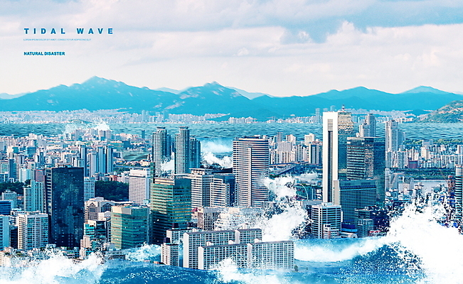 PSD 구름 편집이미지 하늘 산 사람없음 건물 물 파란색 도시 홍수 자연재해 빌딩숲 쓰나미 해일 이미지편집 자연요소 건축물 컬러 빌딩 재해 파일형식