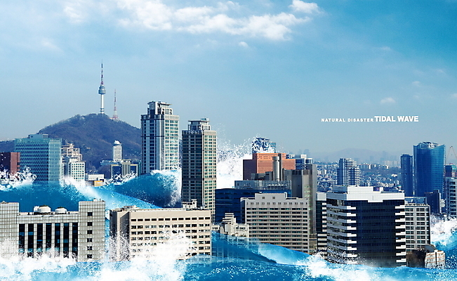 PSD 편집이미지 파도 산 사람없음 건물 파란색 도시 홍수 자연재해 빌딩숲 쓰나미 해일 이미지편집 건축물 바다 컬러 빌딩 재해 파일형식