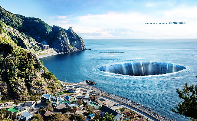 PSD 나무 편집이미지 바다 섬 하늘 산 사람없음 건물 파란색 마을 구멍 자연재해 지반침하 이미지편집 식물 건축물 컬러 재해 파일형식