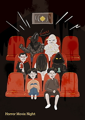 전신 PSD 커플 여자 남자 일러스트 경고 들기 앉기 여러명 빨간색 검은색 마시기 유령 처녀귀신 무서움 영화관 극장 공포 쉿 시끄러움 흡혈귀 공포영화 늑대인간 드라큘라 미라 사신 영화감상 혈액주머니 국내일러스트 감정 컬러 다수 관계 모션 사람 감상 혈액 영화 조용 파일형식