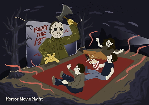 전신 PSD 나무 여자 남자 일러스트 들기 앉기 성인 야외 세명 스크린 검은색 놀람 야간 숲 무서움 돗자리 공포 팝콘 도끼 공포영화 살인범 성인만 야외극장 흩어짐 국내일러스트 자연요소 식물 감정 컬러 컨셉 모션 표정 사람 극장 영화 파일형식