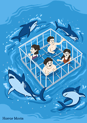 PSD 여자 남자 수영복 바다 여러마리 일러스트 여러명 상반신 성인 파란색 잡기 위험 무서움 공포 상어 갇힘 공포영화 식인상어 철장 성인만 국내일러스트 옷 감정 컬러 다수 컨셉 모션 어류 사람 영화 파일형식