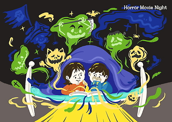 PSD 여자 남자 어린이 엎드리기 일러스트 들기 소녀 소년 상반신 두명 책 놀람 이불 침대 손전등 유령 야간 무서움 공포 낫 얼굴가리기 공포영화 뒤집어쓰기 어린이만 국내일러스트 자연요소 감정 가구 침구 모션 조명 표정 사람 가림 영화 파일형식