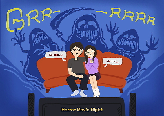 전신 PSD 커플 여자 남자 말풍선 일러스트 그림자 들기 앉기 성인 두명 파란색 소파 텔레비전 유령 무서움 공포 손모으기 티비시청 낫 공포영화 성인여자만 어깨에손 집콕 홈시네마 국내일러스트 감정 컬러 의자 관계 모션 사람 손짓 전자제품 영화 신조어 시청_보고들음 여자만 성인만 파일형식 앳홈라이프