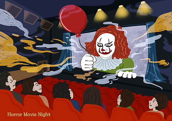 PSD 여자 남자 일러스트 조명 웃음 들기 여러명 상반신 성인 눈감음 놀람 광대 연기 피에로 무서움 영화관 극장 공포 풍선 공포영화 성인만 국내일러스트 감정 다수 모션 표정 사람 영화 파일형식