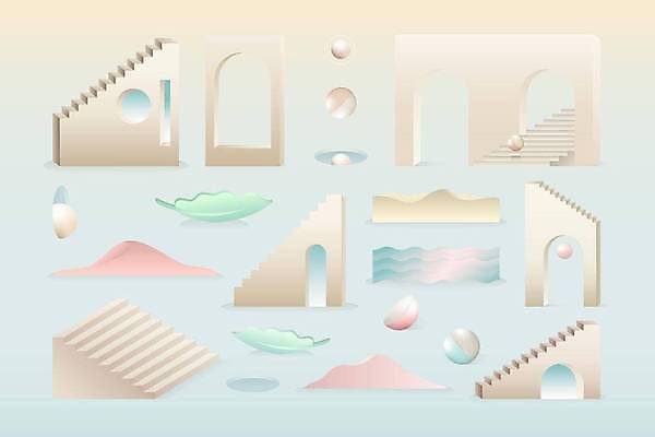 EPS 해외이미지 일러스트 추상 사람없음 세트 계단 사각형 원형 삼각형 입체 아치 엘리먼트 입체도형 해외일러스트 도형 무늬 파일형식 벡터 이미지허브