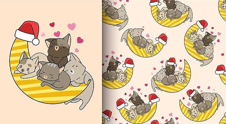 EPS 해외이미지 분홍색 동물캐릭터 패턴 여러마리 일러스트 산타모자 매달리기 사람없음 눕기 귀여움 고양이 패턴백그라운드 잠 초승달 해외일러스트 일러캐릭터 동물 캐릭터 모자_잡화 컬러 다수 백그라운드 컨셉 크리스마스 무늬 포유류 모션 반려동물 달 파일형식 벡터 이미지허브