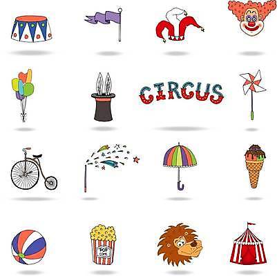 EPS 해외이미지 얼굴 일러스트 우산 공 사람없음 자전거 깃발 피에로 사자 서커스 바람개비 마술봉 천막 팝콘 풍선 마술사모자 단상 해외일러스트 모자_잡화 포유류 신체부위 바이크 마술도구 파일형식 벡터 이미지허브