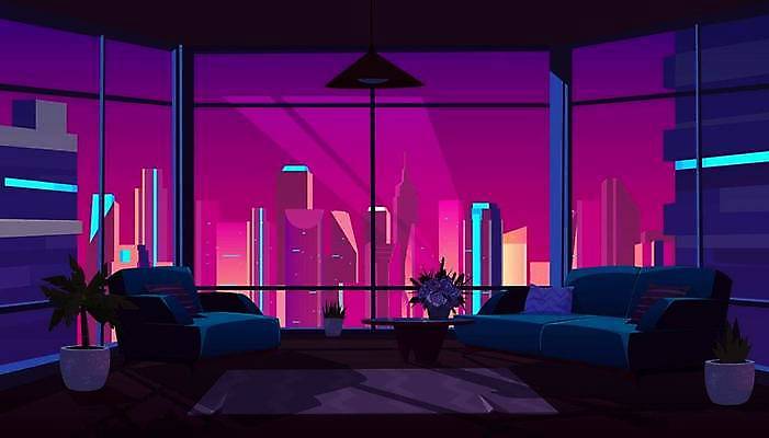 EPS 해외이미지 화분 야경 일러스트 창문 사람없음 건물 소파 도시풍경 보라색 도시 해외일러스트 건축물 컬러 의자 풍경 야간 파일형식 벡터 풍경_경치 이미지허브