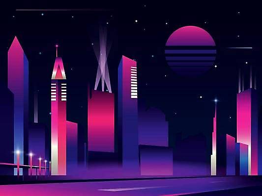 EPS 해외이미지 도로 분홍색 일러스트 밤하늘 사람없음 건물 파란색 빛 태양 고층빌딩 도시 네온 그라데이션 스카이라인 해외일러스트 자연요소 건축물 길 컬러 교통시설 하늘 빌딩 야간 파일형식 벡터 이미지허브