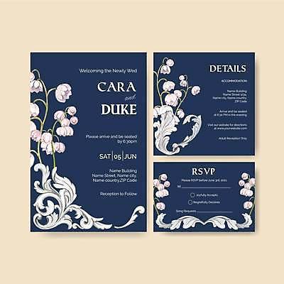 EPS 해외이미지 결혼 일러스트 사람없음 남색 청첩장 초대 은방울꽃 고딕양식 해외일러스트 꽃 컬러 카드_감사 이벤트 파일형식 벡터 이미지허브