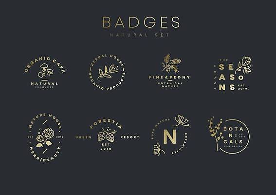 EPS 해외이미지 열매 잎 일러스트 사람없음 세트 검은색 버섯 금색 심볼 솔방울 원형프레임 해외일러스트 식물 컬러 프레임 원형 파일형식 벡터 이미지허브