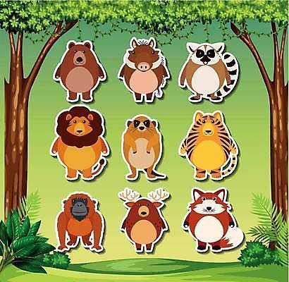 EPS 해외이미지 나무 동물 동물캐릭터 스티커 잎 여러마리 일러스트 곰 사슴 사람없음 세트 호랑이 사자 여우 멧돼지 오랑우탄 미어캣 호랑이꼬리여우원숭이 해외일러스트 일러캐릭터 식물 캐릭터 다수 포유류 원숭이 파일형식 벡터 이미지허브