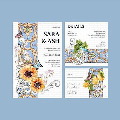 EPS 해외이미지 한마리 하늘색 결혼 일러스트 조류 해바라기 사람없음 레몬 청첩장 초대 은방울꽃 해외일러스트 동물 1 꽃 과일 카드_감사 이벤트 파란색 파일형식 벡터 이미지허브