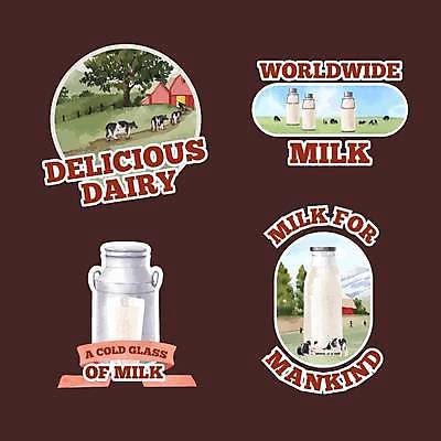 EPS 해외이미지 나무 스티커 여러마리 일러스트 사람없음 세트 목장 우유 원형 우유병 축산업 심볼 젖소 해외일러스트 도형 식물 산업 다수 병_용기 유제품 소 파일형식 벡터 이미지허브