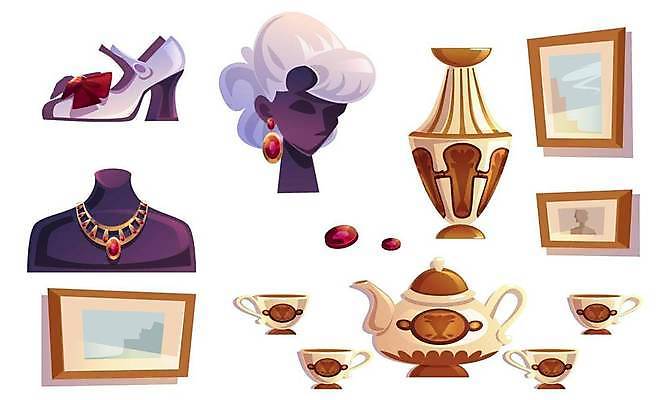 EPS 해외이미지 클립아트 구두 일러스트 목걸이 사람없음 세트 꽃병 귀걸이 찻잔 마네킹 찻주전자 보석 수집 얼굴모양 오브젝트 그림 가치 경매 명품 해외일러스트 모양 꽃 얼굴 신발 장신구 주전자 잔 경제 상품 광석 파일형식 벡터 이미지허브
