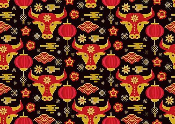 EPS 해외이미지 전통 꽃 백그라운드 패턴 일러스트 사람없음 빨간색 전통무늬 금색 소 구름모양 해외일러스트 모양 식물 컬러 무늬 포유류 파일형식 벡터 구름_자연 이미지허브