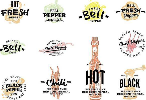EPS 해외이미지 일러스트 식재료 고추 피망 사람없음 세트 라벨 신선 심볼 매움 후추 핫소스 후추갈이 해외일러스트 채소 프레임 소스_음식 맛 향신료 분쇄기 파일형식 벡터 이미지허브