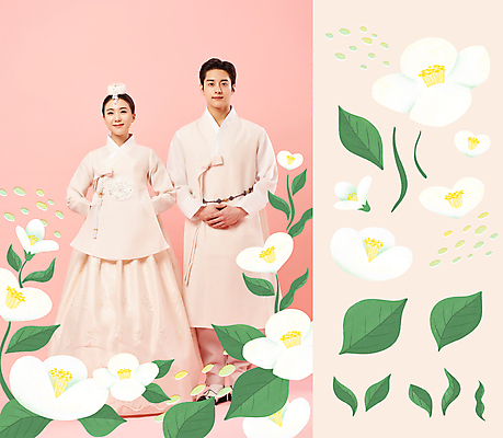 전신 PSD 편집이미지 한국전통 커플 여자 명절 남자 꽃 분홍색 스티커 잎 신혼부부 포토일러 서기 20대 성인 두명 설날 한국인 한복 오브젝트 손모으기 백동백 성인만 이미지편집 식물 전통 부부 기념일 컬러 관계 모션 한국 사람 동양인 손짓 청년 전통의상 신혼 파일형식